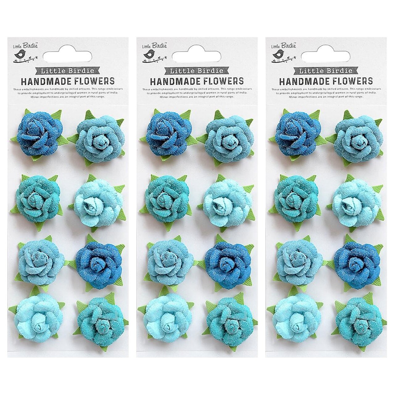 Pack of 3 - Little Birdie Angel Rose Paper Flowers 8/Pkg-Aqua Medley